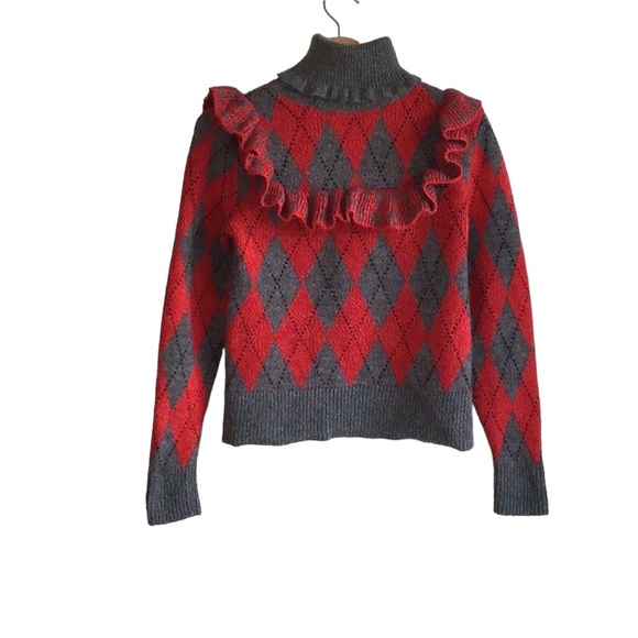 Zara Argyle Turtleneck Ruffle Mohair Blend Red Grey Black Sweater, size S - Picture 5 of 15